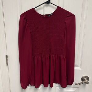 Express Women's Wine Red Long Sleeve Ruched Blouse, Small, Christmas Holiday